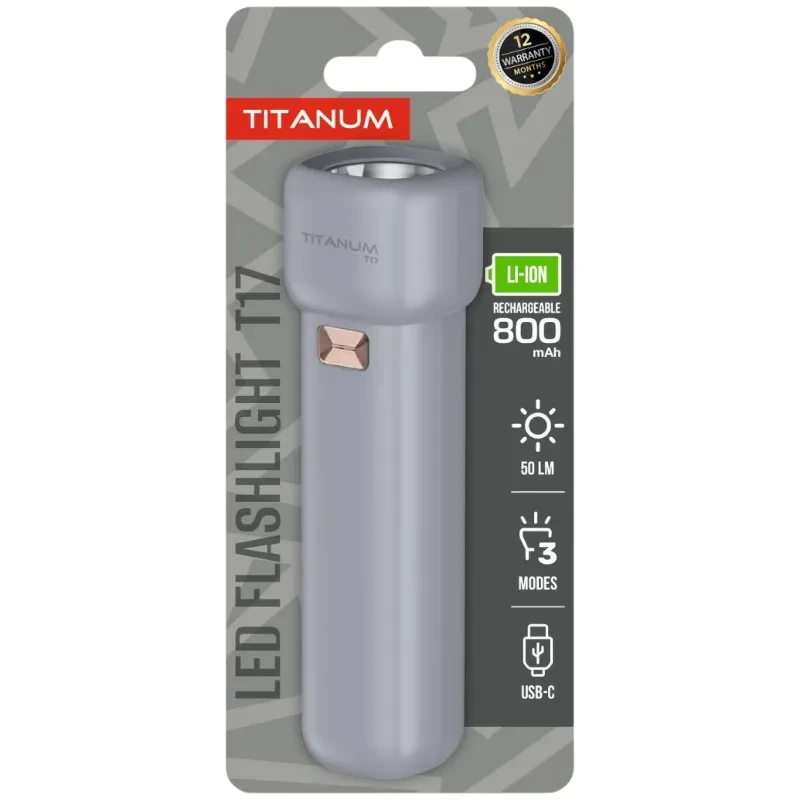 Ліхтар ручний Titanum TLF-T17 (3р/800mAh/50lm/11000K/вбуд. акум./ЗП Type-C) 10,6см