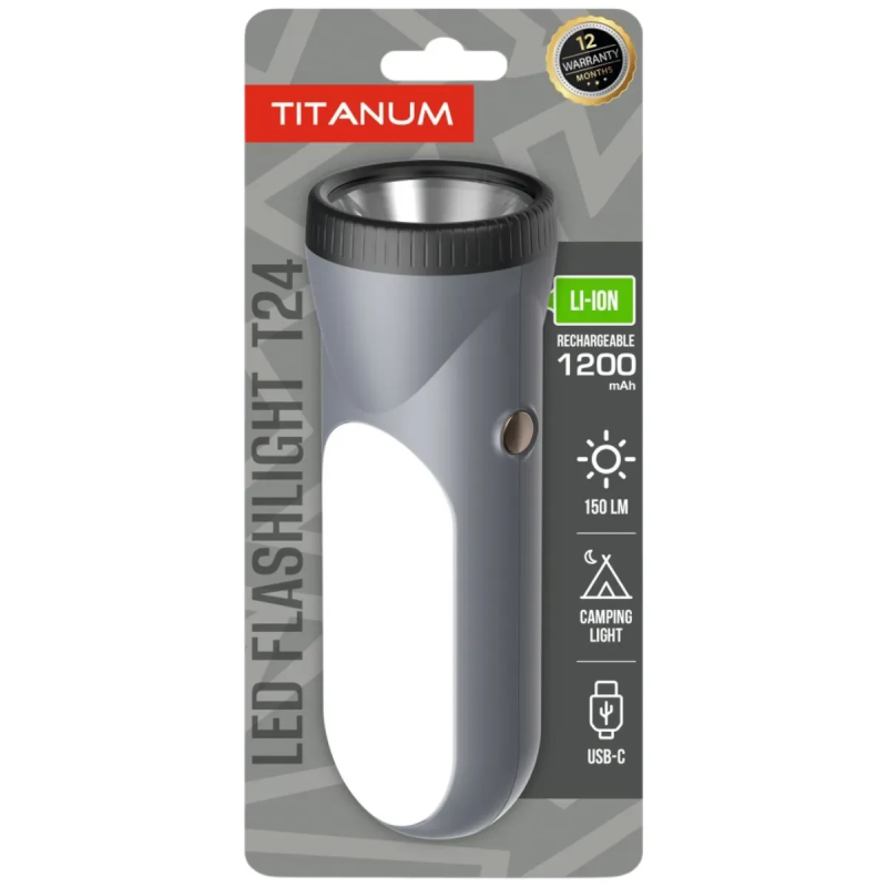 Ліхтар ручний Titanum TLF-T24 (2р/1200mAh/150lm/8000K/10000K/вбуд. акум./ЗП Type-C) 13,8см