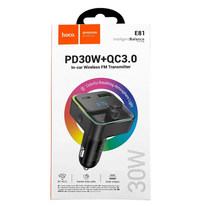 FM модулятор Hoco E81 12-24V/1USB/PD30W/QC3.0/BT5.0/RGB/LCD дисплей чорний FM модулятор Hoco E81 12-24V/1USB/PD30W/QC3.0/BT5.0/RGB/LCD дисплей чорний