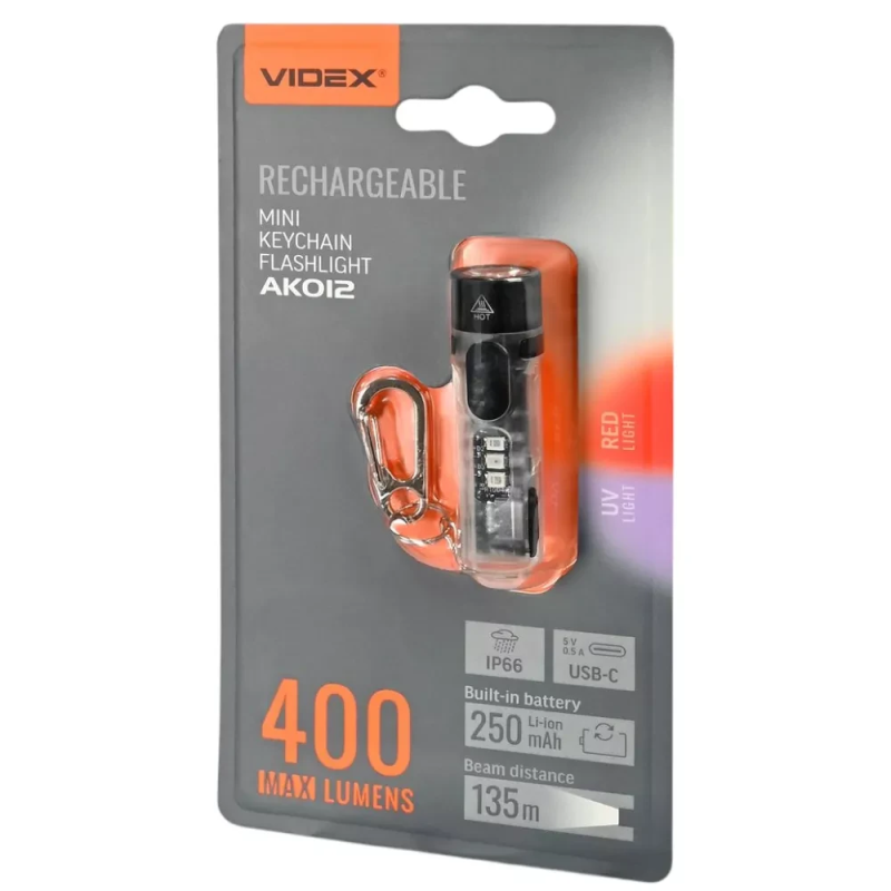 Ліхтар брелок Videx VLF-AK012-Luminus SST20 (red+UV) (5р/250mAh/400lm/5000K/вбуд. акум./ЗП Type-C) 6см