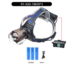 Ліхтар налобний A49-TG, Power Bank, 3x18650, ЗП Type-C, zoom, Box