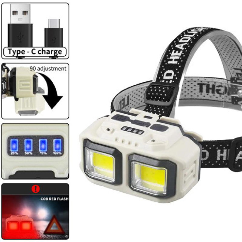 Ліхтар налобний HX-816-2COB (White+Red), Waterproof, 1x18650, ЗП Type-C, Box