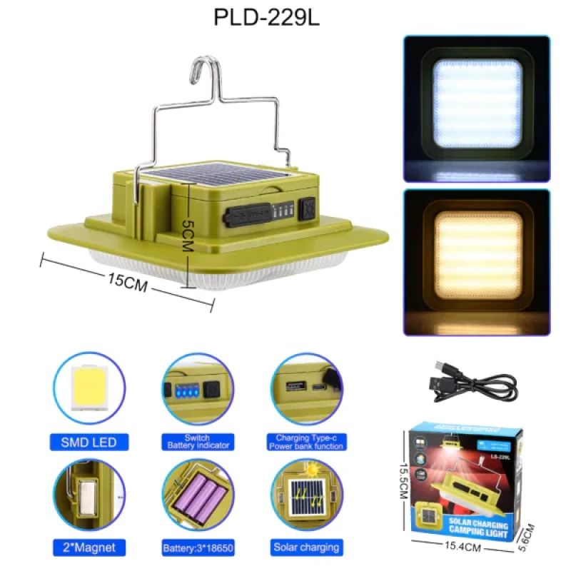 Ліхтар кемпінг 229L-SMD (White+Yellow), 3х18650, сон. панель, Power Bank, ЗП Type-C, магніт, гачок Ліхтар кемпінг 229L-SMD (White+Yellow), 3х18650, сон. панель, Power Bank, ЗП Type-C, магніт, гачок