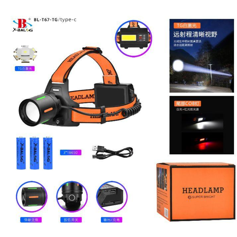 Ліхтар налобний NIGHT VISION FLUORESCENCE BL-T67-TG+COB(White+Red), 3x18650, 1 режим, Power Bank, ЗП Type-C, zoom