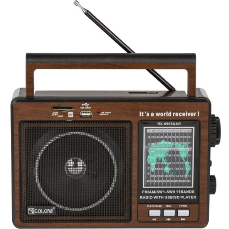Портативний радіоприймач Golon RX-9966UAR – FM/УКХ/СВ/КВ, MP3 з USB/TF, Bluetooth колонка, акумулятор, ретро-дизайн Коричневий
